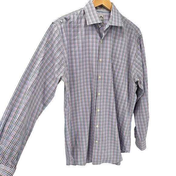 Peter Millar Shirt Mens 16.5 Button Up Long Nanoluxe Plaid Blue Pink White - Picture 3 of 8